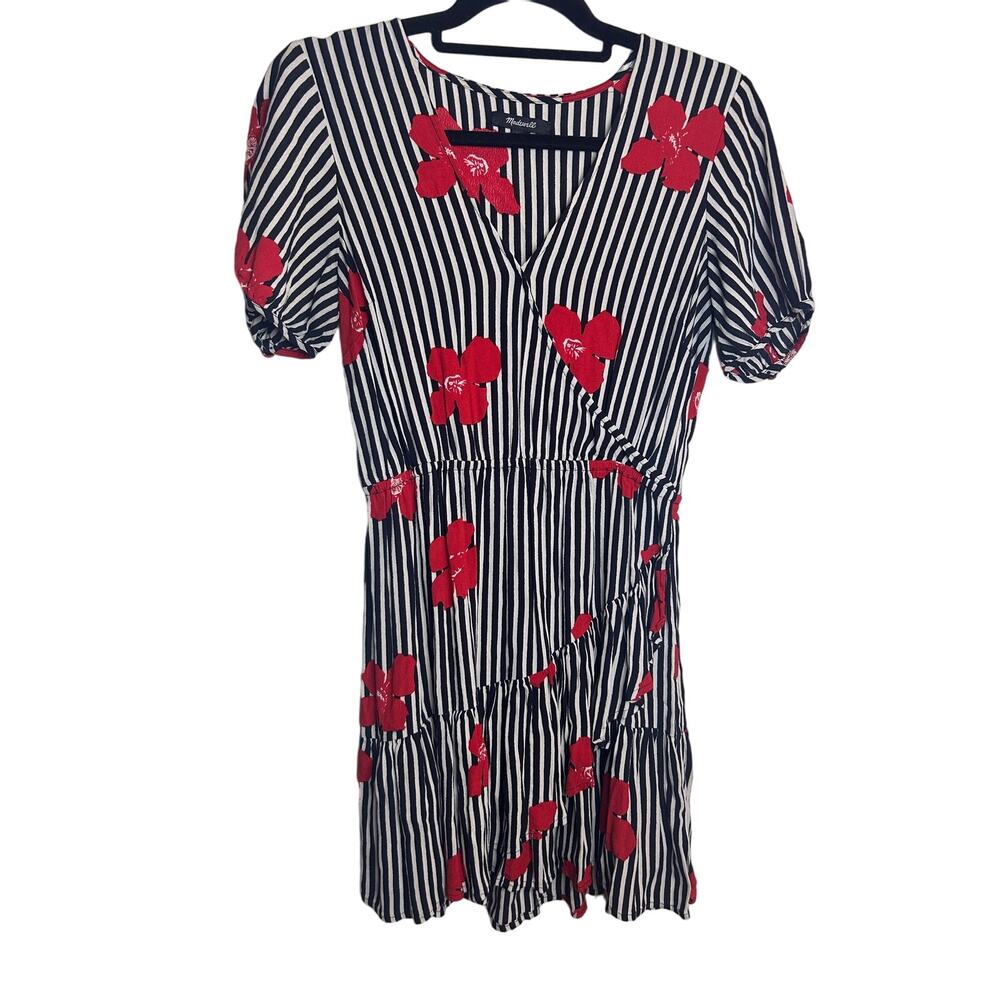 Madewell Dress Black White Striped Red Florals Retro Women Size 4 Preppy